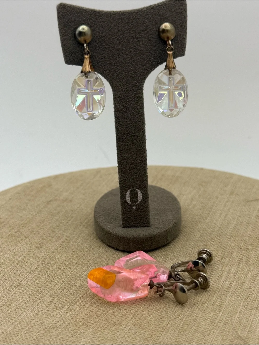 Set of two vintage Crystal Cross Drop Earrings in Clear Aurora Borealis